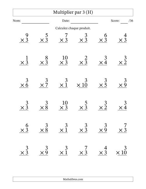 Multiplier (1 à 10) par 3 (36 Questions) (H)