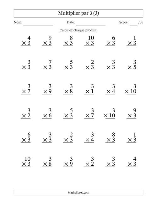 Multiplier (1 à 10) par 3 (36 Questions) (J)