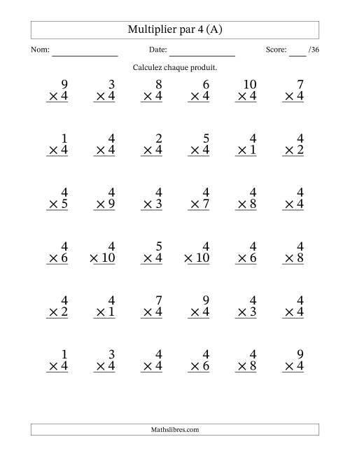 Multiplier (1 à 10) par 4 (36 Questions) (A)