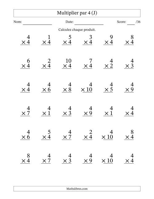 Multiplier (1 à 10) par 4 (36 Questions) (J)