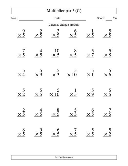 Multiplier (1 à 10) par 5 (36 Questions) (G)