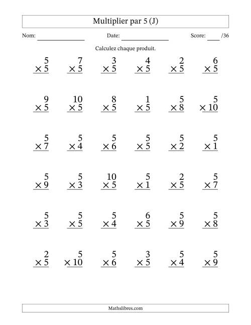 Multiplier (1 à 10) par 5 (36 Questions) (J)