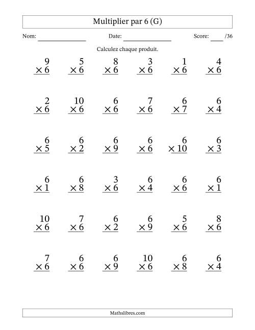 Multiplier (1 à 10) par 6 (36 Questions) (G)