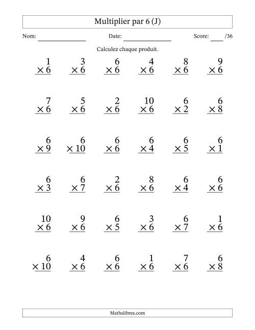 Multiplier (1 à 10) par 6 (36 Questions) (J)