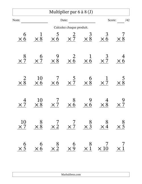 Multiplier (1 à 10) par 6 à 8 (42 Questions) (J)