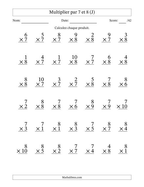 Multiplier (1 à 10) par 7 et 8 (42 Questions) (J)