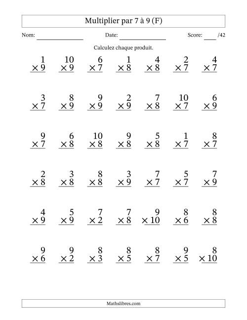 Multiplier (1 à 10) par 7 à 9 (42 Questions) (F)