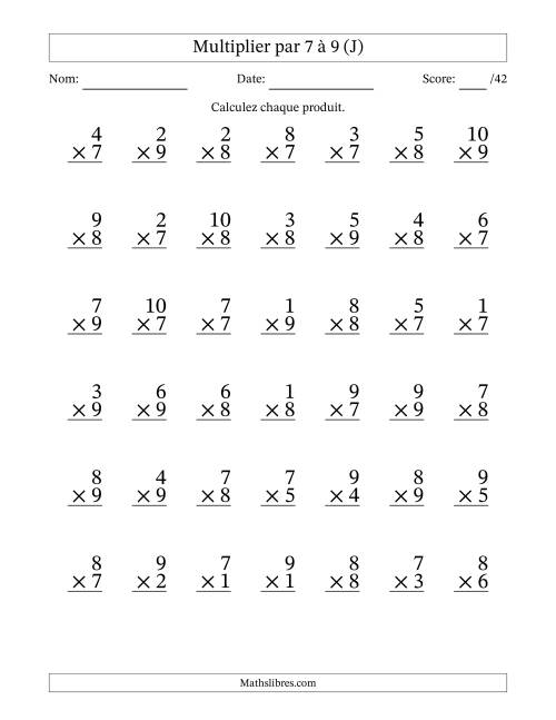 Multiplier (1 à 10) par 7 à 9 (42 Questions) (J)