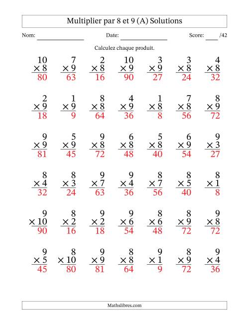 Multiplier (1 à 10) par 8 et 9 (42 Questions) (A) page 2