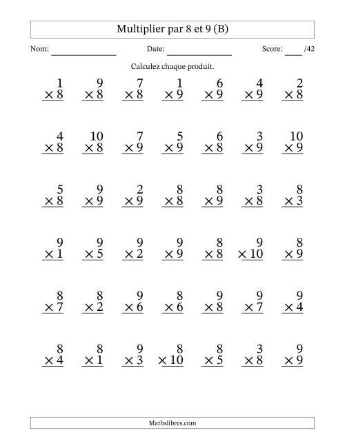 Multiplier (1 à 10) par 8 et 9 (42 Questions) (B)