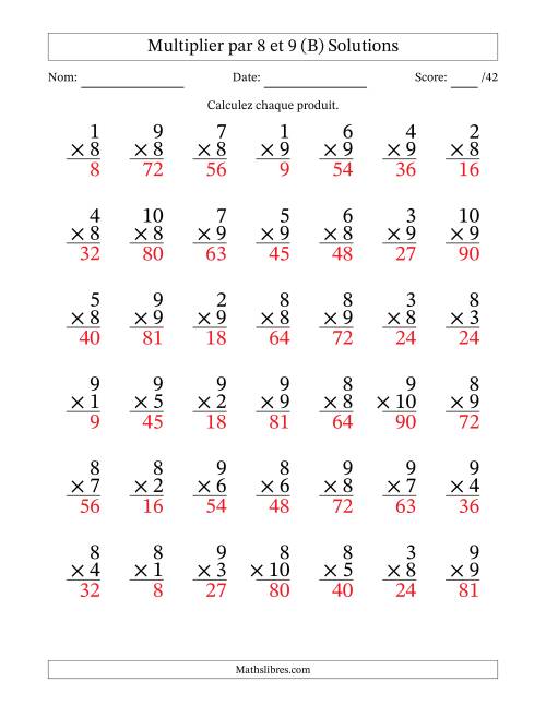 Multiplier (1 à 10) par 8 et 9 (42 Questions) (B) page 2