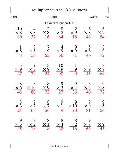 Multiplier (1 à 10) par 8 et 9 (42 Questions) (C) page 2