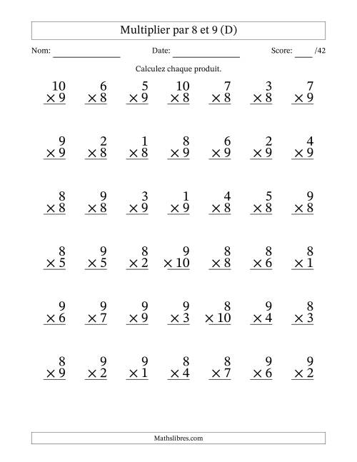 Multiplier (1 à 10) par 8 et 9 (42 Questions) (D)