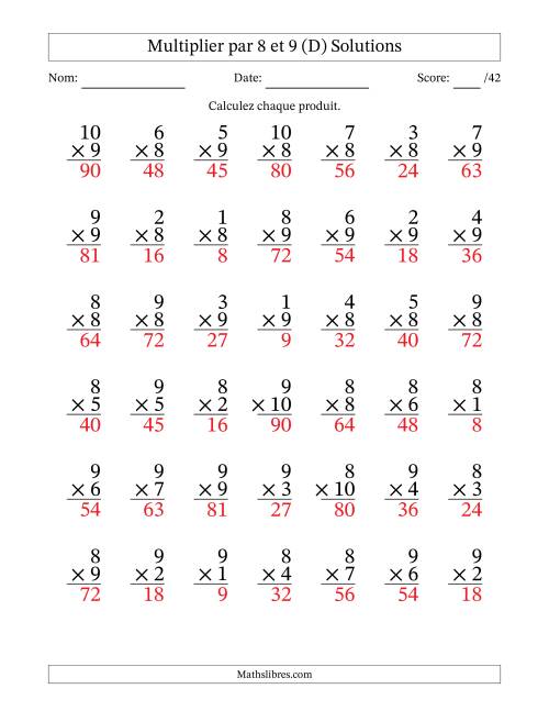 Multiplier (1 à 10) par 8 et 9 (42 Questions) (D) page 2