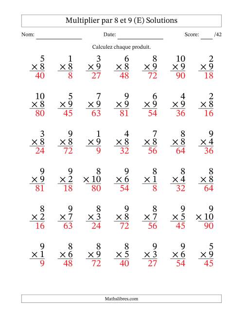 Multiplier (1 à 10) par 8 et 9 (42 Questions) (E) page 2