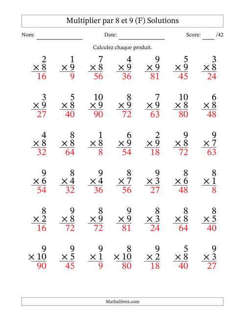 Multiplier (1 à 10) par 8 et 9 (42 Questions) (F) page 2