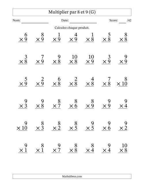 Multiplier (1 à 10) par 8 et 9 (42 Questions) (G)