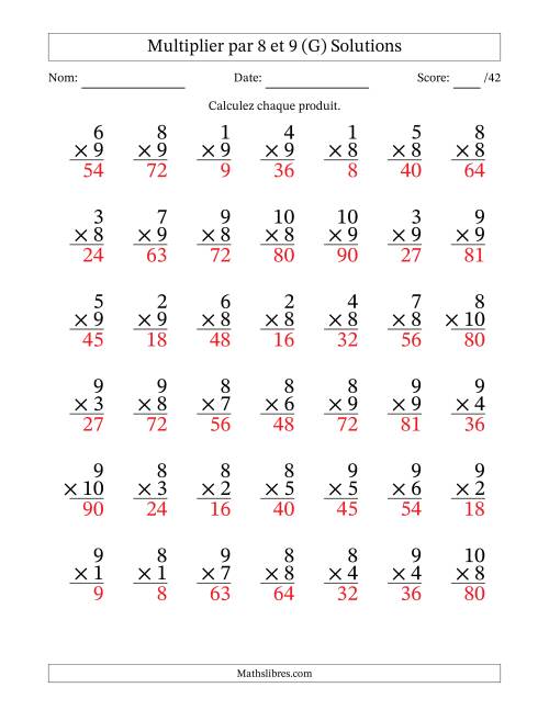 Multiplier (1 à 10) par 8 et 9 (42 Questions) (G) page 2
