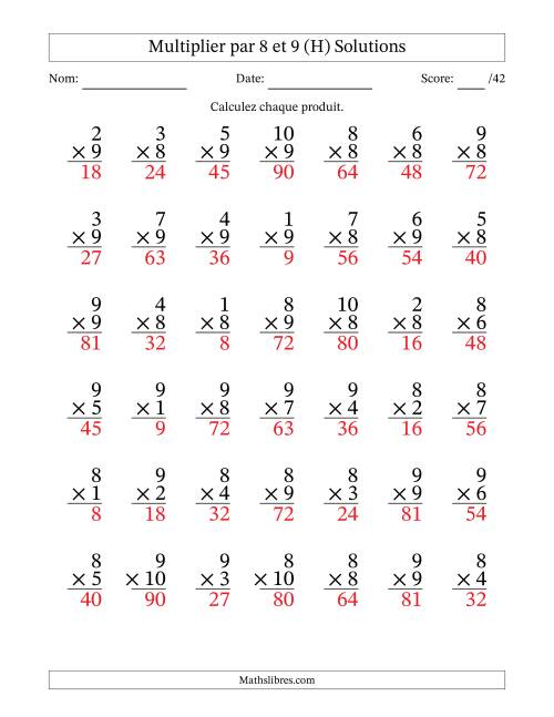 Multiplier (1 à 10) par 8 et 9 (42 Questions) (H) page 2