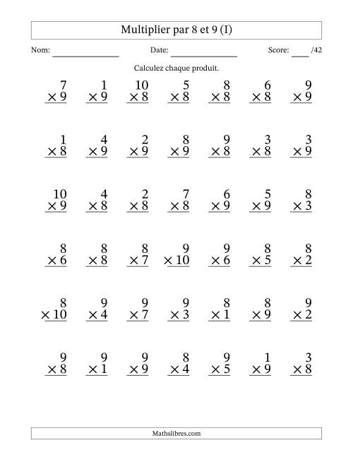 Multiplier (1 à 10) par 8 et 9 (42 Questions) (I)