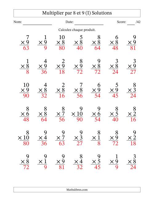 Multiplier (1 à 10) par 8 et 9 (42 Questions) (I) page 2