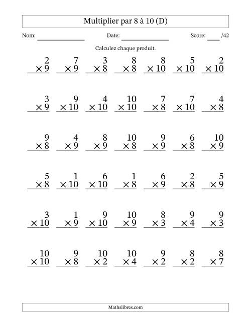 Multiplier (1 à 10) par 8 à 10 (42 Questions) (D)