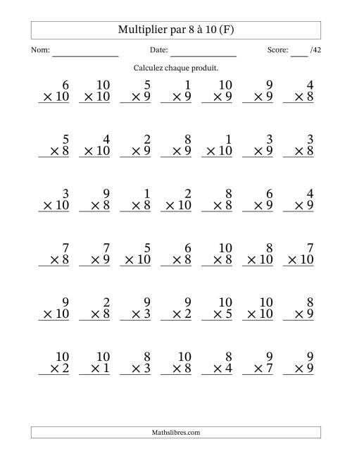 Multiplier (1 à 10) par 8 à 10 (42 Questions) (F)