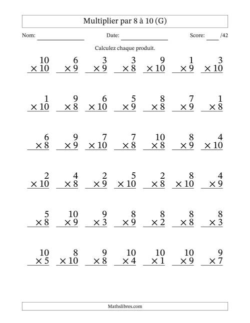 Multiplier (1 à 10) par 8 à 10 (42 Questions) (G)