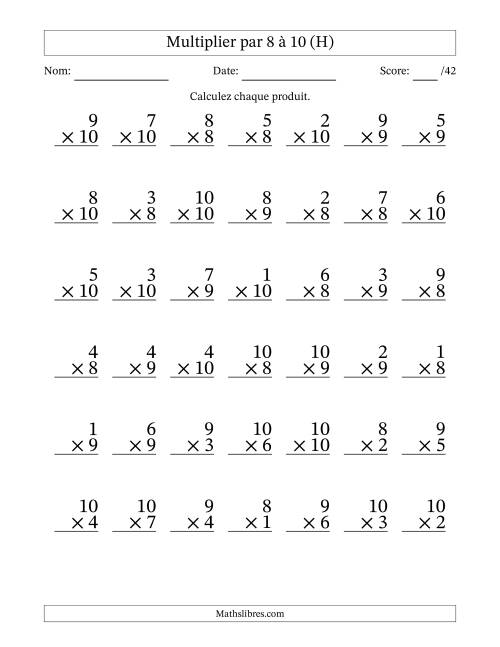 Multiplier (1 à 10) par 8 à 10 (42 Questions) (H)