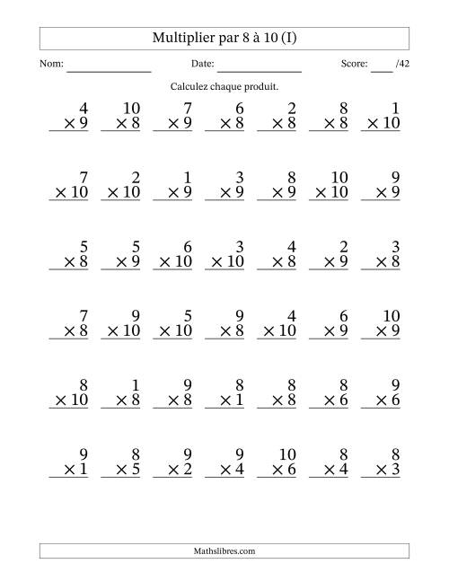 Multiplier (1 à 10) par 8 à 10 (42 Questions) (I)