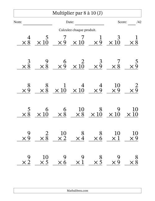 Multiplier (1 à 10) par 8 à 10 (42 Questions) (J)