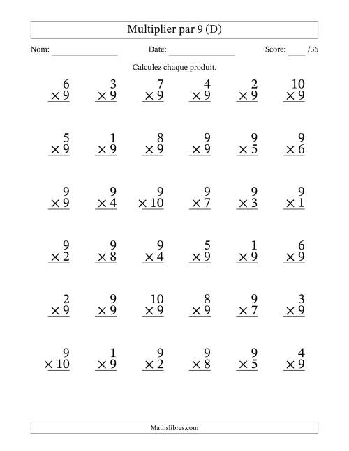 Multiplier (1 à 10) par 9 (36 Questions) (D)