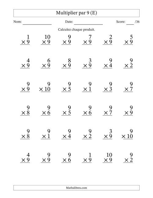Multiplier (1 à 10) par 9 (36 Questions) (E)