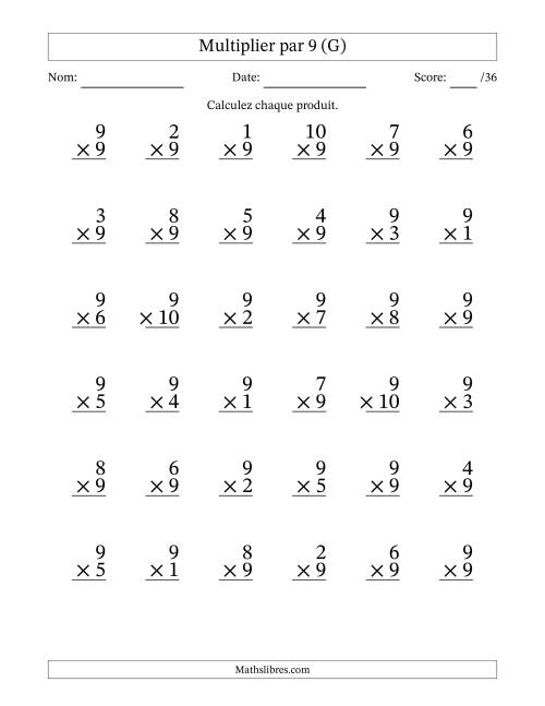 Multiplier (1 à 10) par 9 (36 Questions) (G)