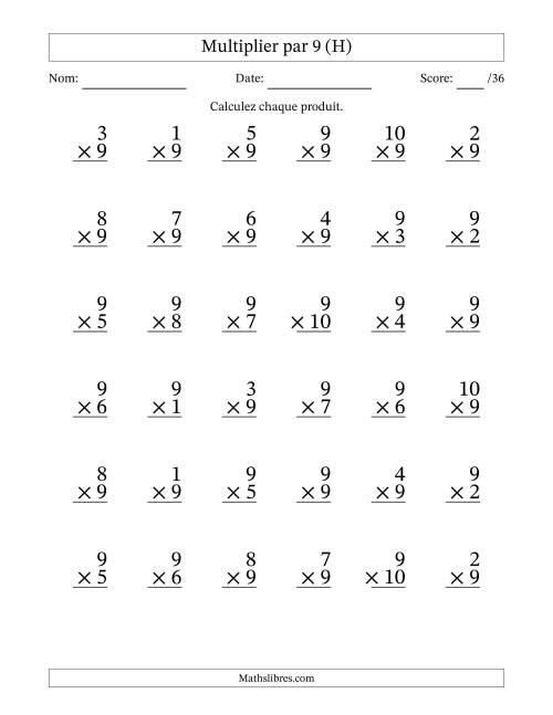 Multiplier (1 à 10) par 9 (36 Questions) (H)