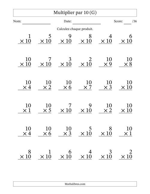 Multiplier (1 à 10) par 10 (36 Questions) (G)