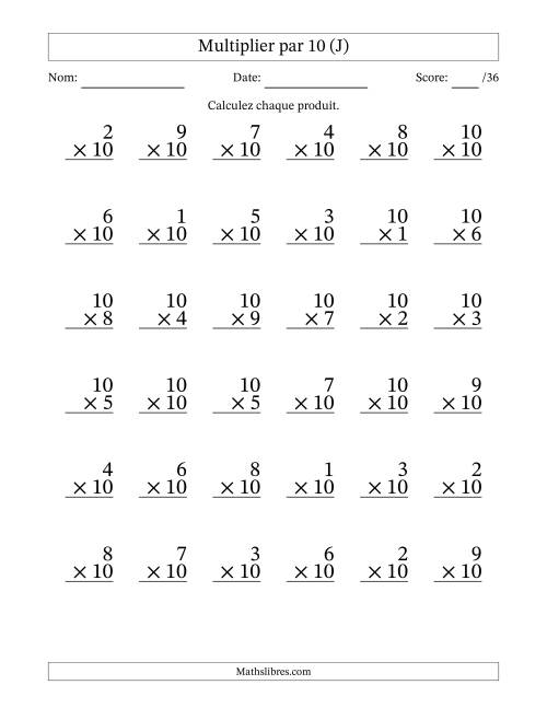 Multiplier (1 à 10) par 10 (36 Questions) (J)