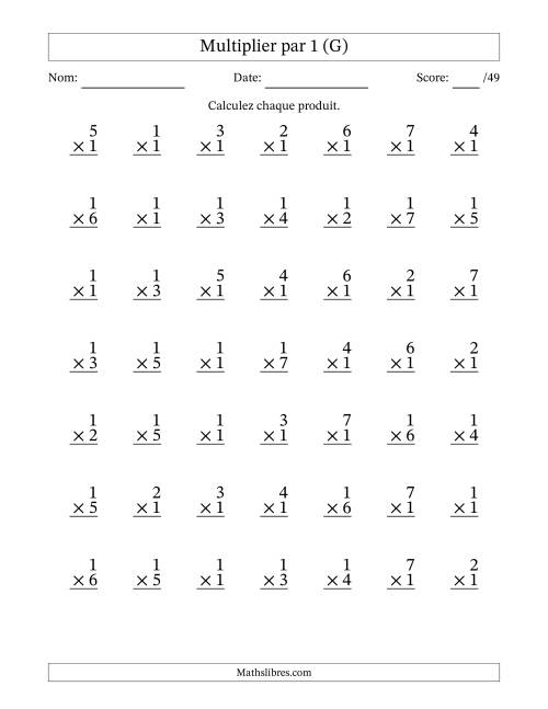 Multiplier (1 à 7) par 1 (49 Questions) (G)