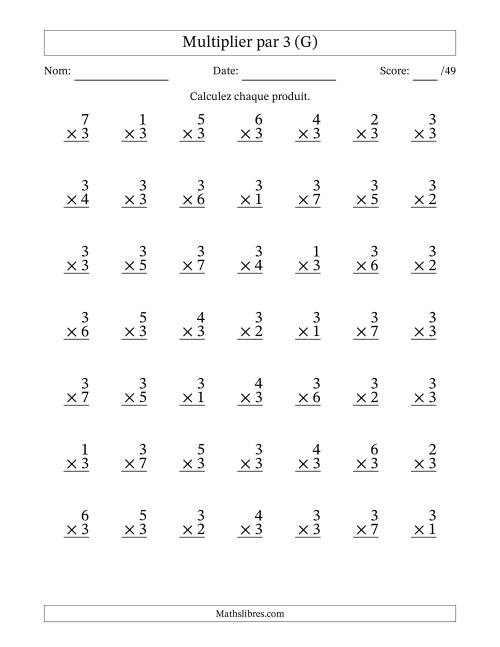 Multiplier (1 à 7) par 3 (49 Questions) (G)