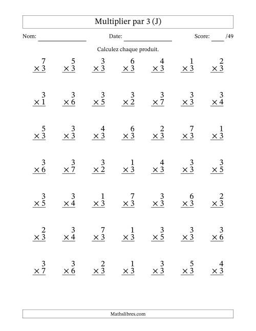 Multiplier (1 à 7) par 3 (49 Questions) (J)