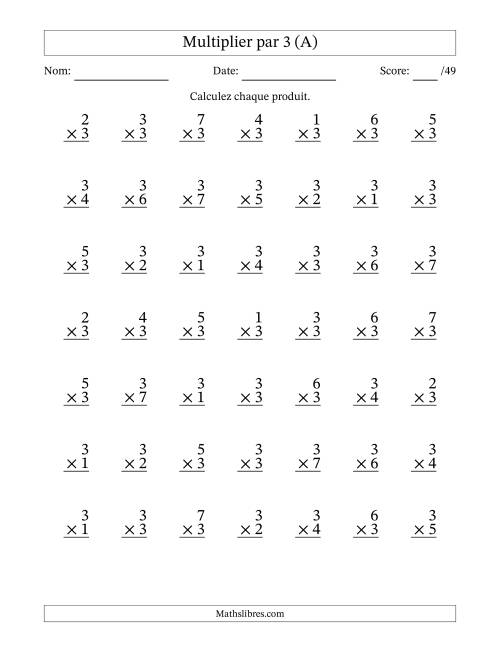 Multiplier (1 à 7) par 3 (49 Questions) (Tout)