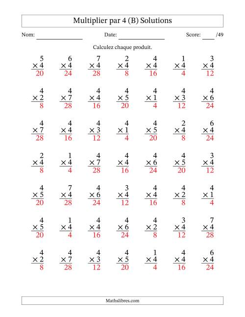 Multiplier (1 à 7) par 4 (49 Questions) (B) page 2