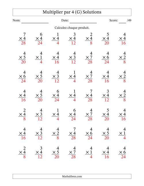 Multiplier (1 à 7) par 4 (49 Questions) (G) page 2