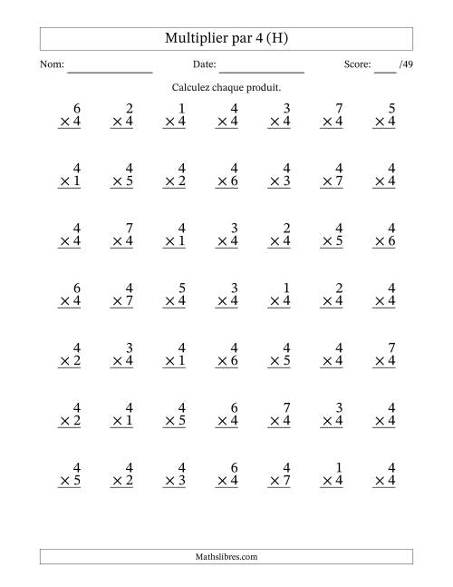 Multiplier (1 à 7) par 4 (49 Questions) (H)