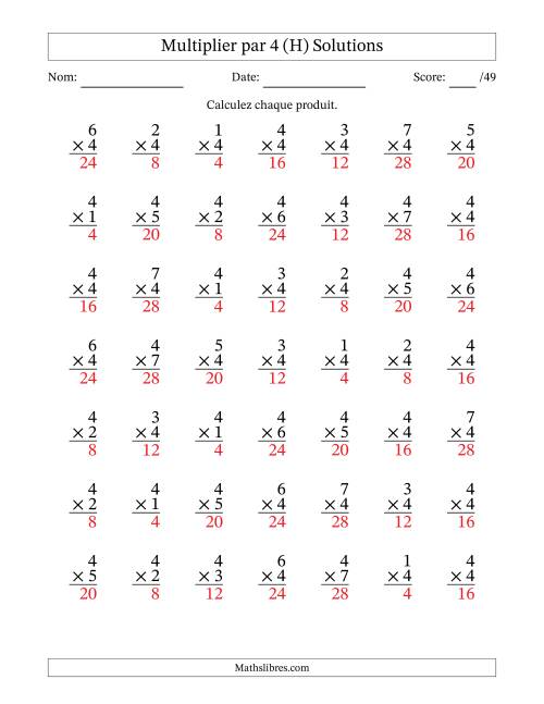 Multiplier (1 à 7) par 4 (49 Questions) (H) page 2