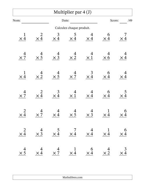 Multiplier (1 à 7) par 4 (49 Questions) (J)