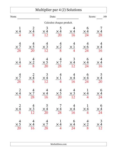 Multiplier (1 à 7) par 4 (49 Questions) (J) page 2