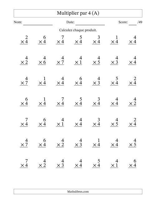 Multiplier (1 à 7) par 4 (49 Questions) (Tout)