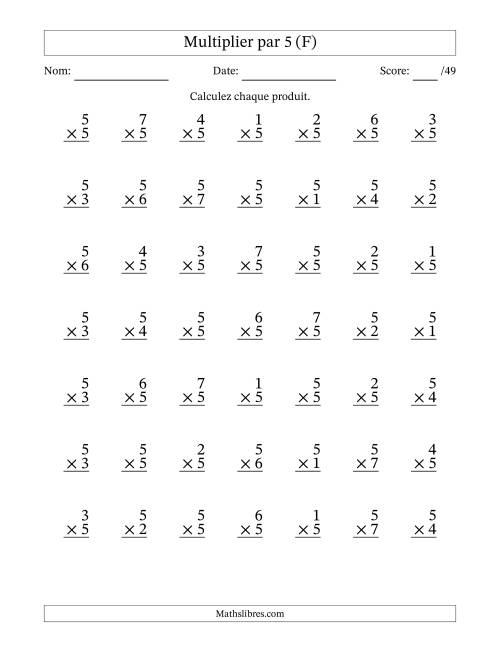 Multiplier (1 à 7) par 5 (49 Questions) (F)