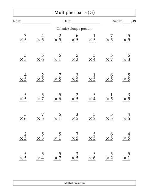 Multiplier (1 à 7) par 5 (49 Questions) (G)